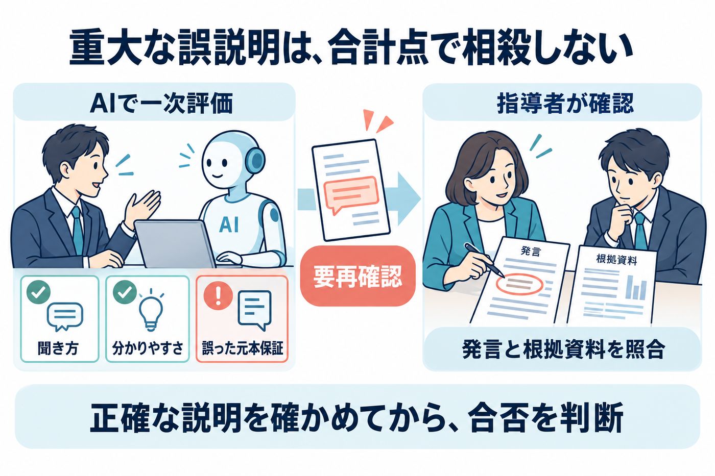 聞き方とわかりやすさが良くても、誤った元本保証があれば要再確認とし、指導にあたる方が発言と根拠資料を照合する評価の流れ